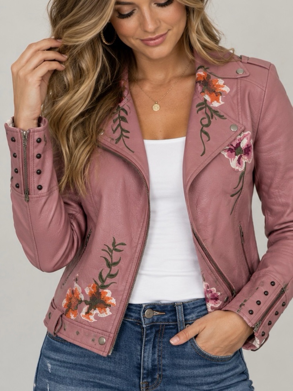 Colleen Lopez Mauve Floral Faux-Leather Moto Jacket
